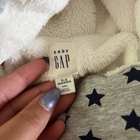 Baby Gap Sherpa Lined Grey Snowsuit Stars Bear Ears 0-3 Months - Picture 8 of 9